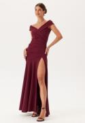 Goddiva Bardot Pleat Maxi Split Dress Wine XXL (UK18)