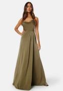 Bubbleroom Occasion Waterfall High Slit Satin Gown Olive green 36