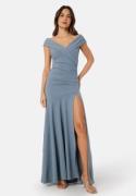 Goddiva Bardot Pleat Maxi Split Dress Light blue XXS (UK6)