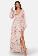 Goddiva Floral Long Sleeve Chiffon Maxi Dress Latte L (UK14)