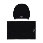 Emporio Armani Lyxigt Svart Grå Beanie+Halsduk Set med Logo Black, Her...