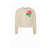 Manoush Stickad Cardigan med Broderad Blomma Beige, Dam