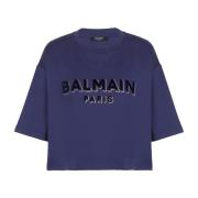 Balmain Kortärmad bomullst-shirt med flocked metallic logo Purple, Dam