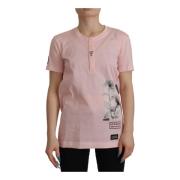 Dolce & Gabbana Rosa Blommig Bomull Henley T-shirt Pink, Dam