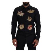 Dolce & Gabbana Svart Guld Krona Slim Fit Klänning Skjorta Black, Herr