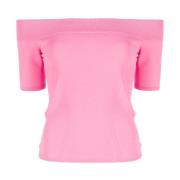 Alexander McQueen Rosa Off-Shoulder Ribbad Topp Pink, Dam