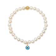 Nialaya Wristband with White Pearls and Blue Evil Eye Charm White, Dam