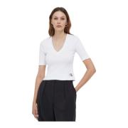 Calvin Klein Räfflad V-Hals T-Shirt White, Dam