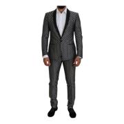 Dolce & Gabbana Svart Vit Siden Martini Slim Fit Kostym Black, Herr