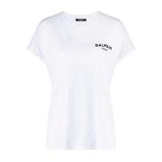 Balmain Vit Flockad Logotyp Bomull T-shirt White, Dam