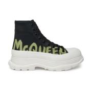 Alexander McQueen Svarta Läder Graffiti Print Sneakers Black, Herr