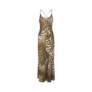Roberto Cavalli Silkesklänning med leopardmönster Brown, Dam