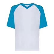Victoria Beckham Vit Ribbad V-ringad T-shirt med Blå Ärmar White, Dam