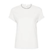 Brunello Cucinelli Vit T-shirt med strassdekorerad rund hals White, Da...