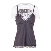 Moschino T-shirt med kontrastlogo och spetsdetaljer Black, Dam