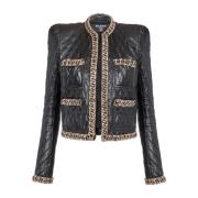 Balmain Vadderad läderjacka med kedjor Black, Dam