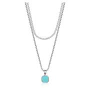 Nialaya Silver Necklace Layer with 3mm Cuban Link and Turquoise Square...