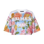 Balmain Baseball T-shirt med Pastel Roses tryck Multicolor, Dam