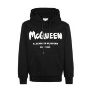 Alexander McQueen Logo Sweatshirt med Dragsko Huva Black, Herr