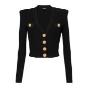 Balmain Cropped eco-designed knit cardigan with gold-tone buttons Blac...
