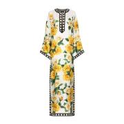 Dolce & Gabbana Blommig Kimono Klänning med Svart Broderi Yellow, Dam