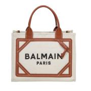 Balmain Canvas Handväska med Läderdetaljer Beige, Dam