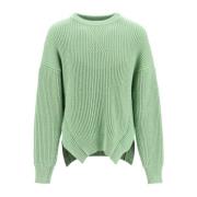 Jil Sander Oversized Ribbstickad Tröja med Rund Hals Green, Herr