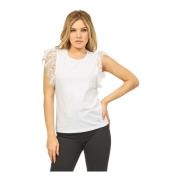 Gaudi Vit Bomull Stretch T-shirt med Spetsdetaljer White, Dam
