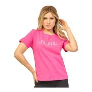 Jijil Fuchsia Bomull Rund Hals T-shirt med Strass Logo Pink, Dam