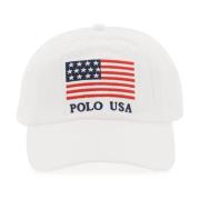 Polo Ralph Lauren Broderad Flagga Baseballkeps Twill White, Dam