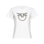 Pinko Vit Bomull T-shirt med Strass Logo White, Dam