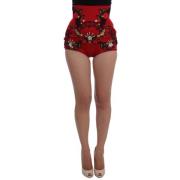 Dolce & Gabbana Lyxiga Röda Sidenbroderade Höga Midjeshorts Multicolor...