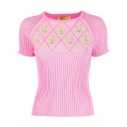 Cormio Blommig broderad stickad topp i rosa Pink, Dam