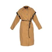 OOF Wear Lång Tobaks Trench med Svarta Faux Läder Detaljer Brown, Dam