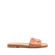 Moncler Brun Läder Slides Bell Stil Brown, Dam