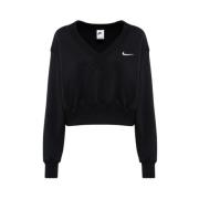 Nike Cropped V-Neck Sweatshirt med Logo Broderi Black, Dam
