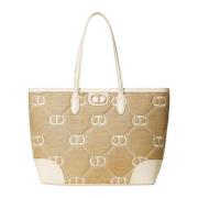 Twinset Rafia Jacquard Shopper Väska med Oval T Logo Beige, Dam