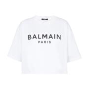 Balmain Beskuren bomullst-shirt med logotyptryck White, Dam