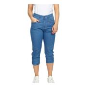 2-Biz Cropped Denim Byxor med Rynkad Fåll Blue, Dam