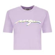 Msgm Lila Bomull T-shirt med Logotyp Purple, Dam