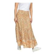 2-Biz Flared Skirt Sand Batique Print Beige, Dam
