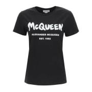 Alexander McQueen Svart Logotyp Bomull T-shirt Black, Dam