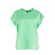 Pinko Silk Crew Neck Top Korta ärmar Green, Dam