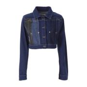 Moschino Patchwork Cropped Denim Jacket Blue, Dam