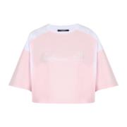 Balmain Tvåfärgad T-shirt med Signatur broderi Pink, Dam