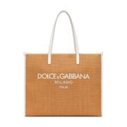 Dolce & Gabbana Neutral Raffia Shoppingväska med Logotyp Beige, Dam