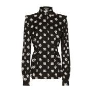 Dolce & Gabbana Elegant Svart Sidenblus med Monogramtryck Black, Dam