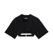 Jacquemus Asymmetrisk Svart T-shirt med Ribbad Halsringning Black, Dam