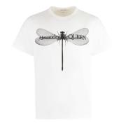 Alexander McQueen Ribbad bomull T-shirt med främre tryck White, Herr