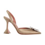 Amina Muaddi Kristall Brosch Slingback Satin Klackar Beige, Dam